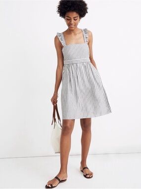 Madewell Striped Ruffle-Strap Empire Dress size 6 Gray White Sleeveless
